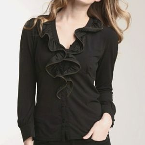 MICHAEL SIMON RUFFLE STEAM PUNK EXPOSED ZIPPER LONG SLEEVE SHIRT BLACK MEDIUM